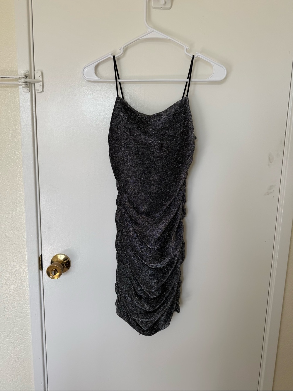 SHEIN Metallic Charcoal Ruched Cowl Mini Dress